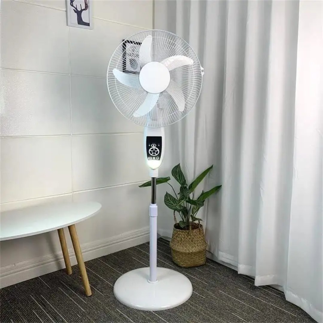 Ventilateur solaire avec ventilateur lumineux LED, ventilateurs sur pied rechargeables de 16 pouces avec panneau et le telecommande
